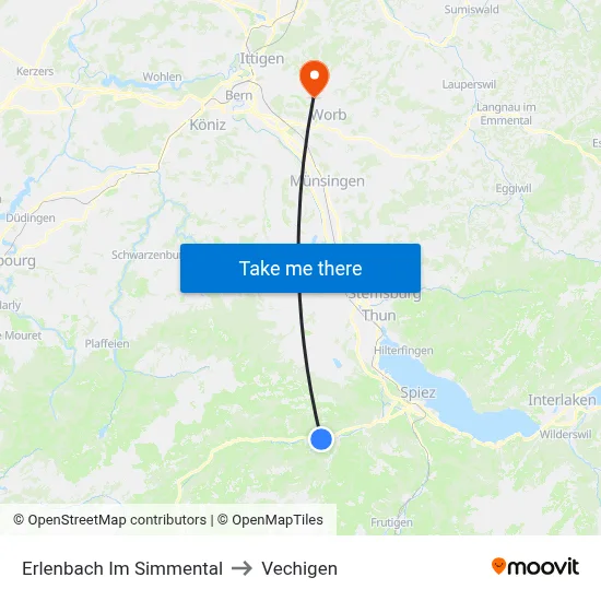 Erlenbach Im Simmental to Vechigen map