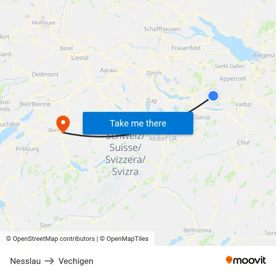 Nesslau to Vechigen map