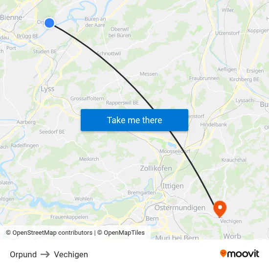 Orpund to Vechigen map