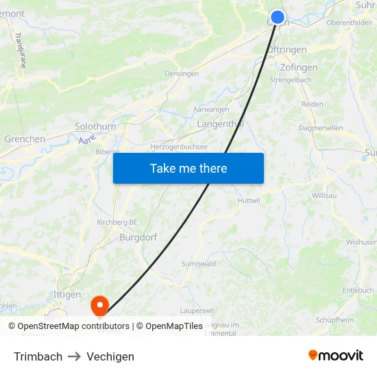 Trimbach to Vechigen map