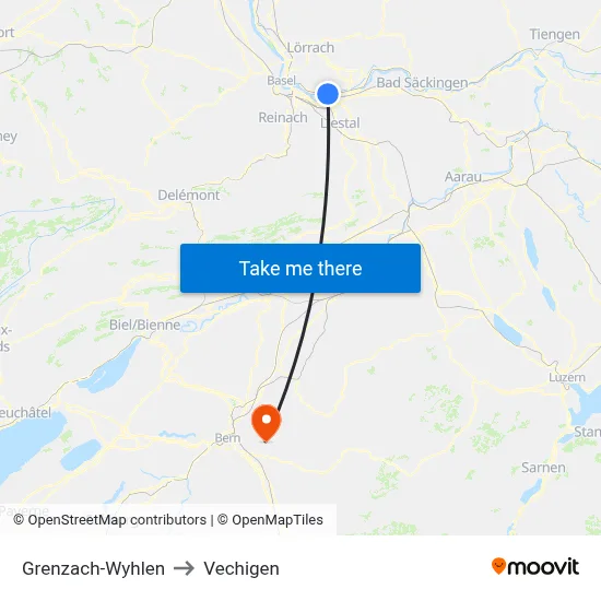 Grenzach-Wyhlen to Vechigen map