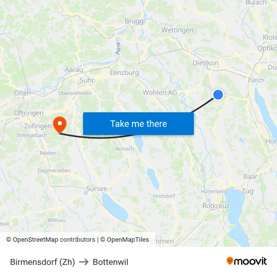Birmensdorf (Zh) to Bottenwil map