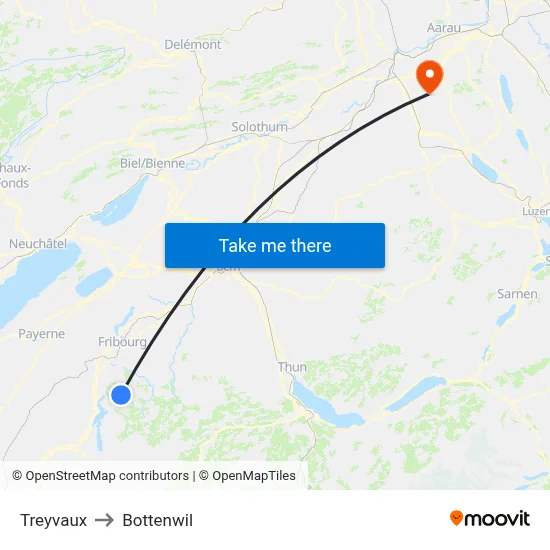 Treyvaux to Bottenwil map