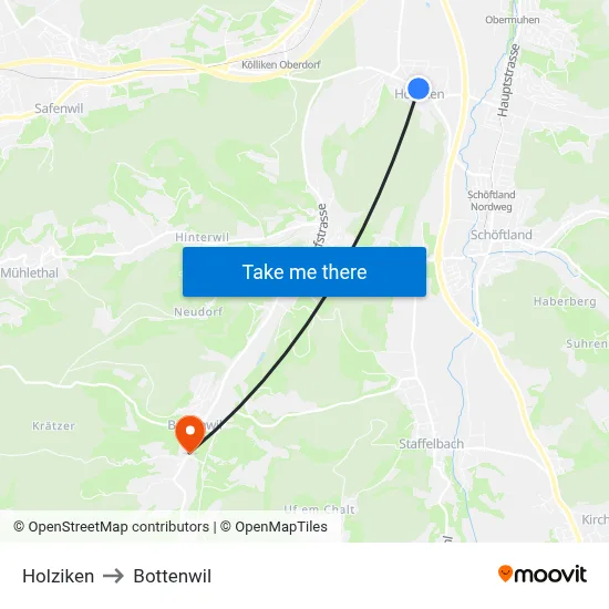 Holziken to Bottenwil map