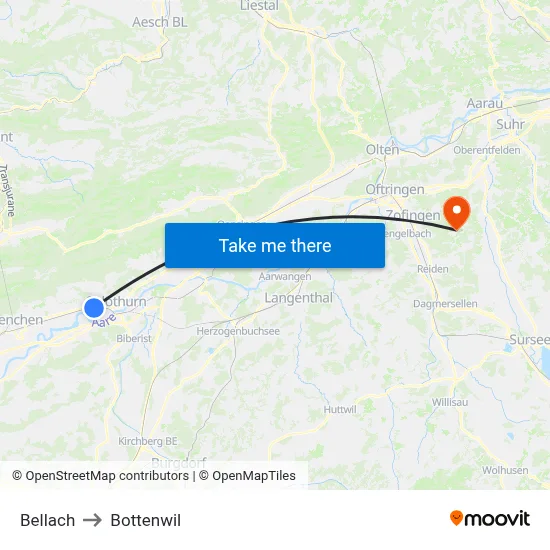 Bellach to Bottenwil map