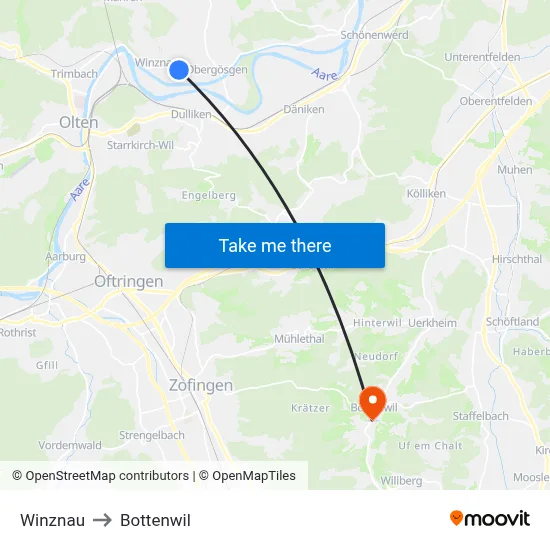 Winznau to Bottenwil map