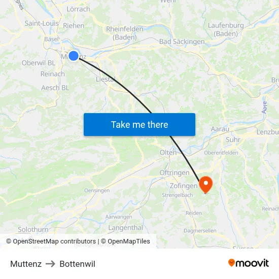 Muttenz to Bottenwil map