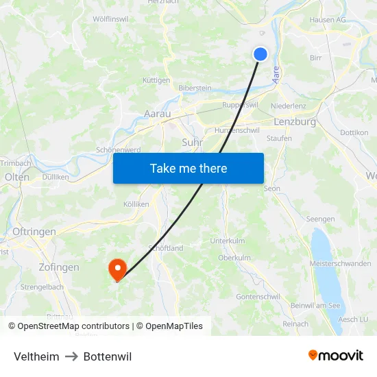 Veltheim to Bottenwil map