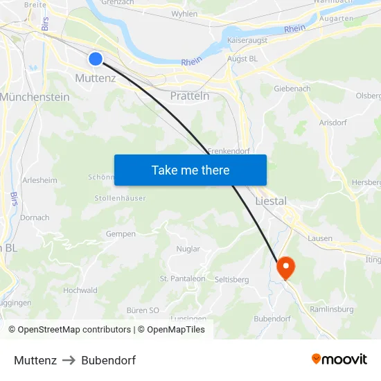 Muttenz to Bubendorf map