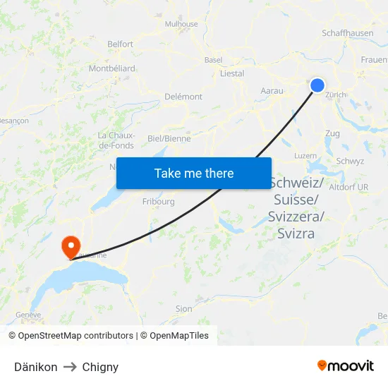 Dänikon to Chigny map