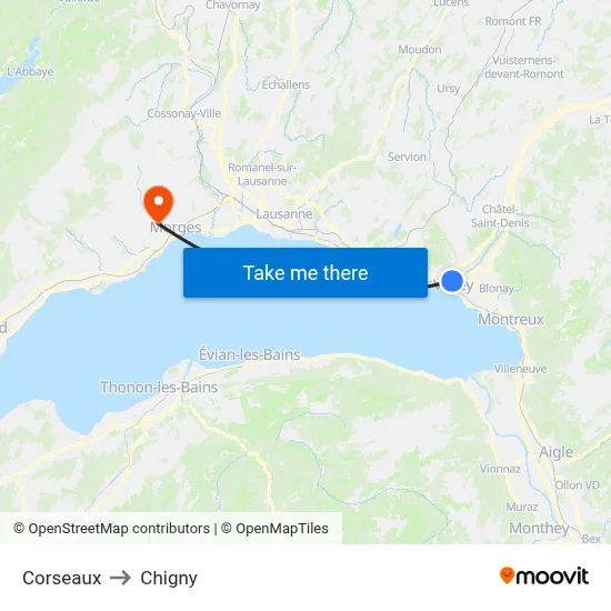 Corseaux to Chigny map