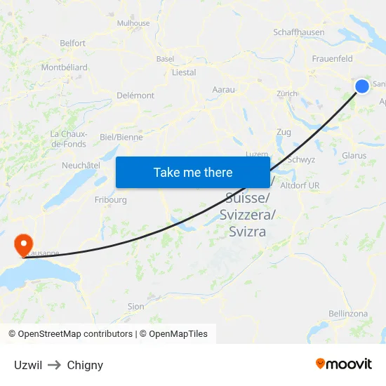 Uzwil to Chigny map