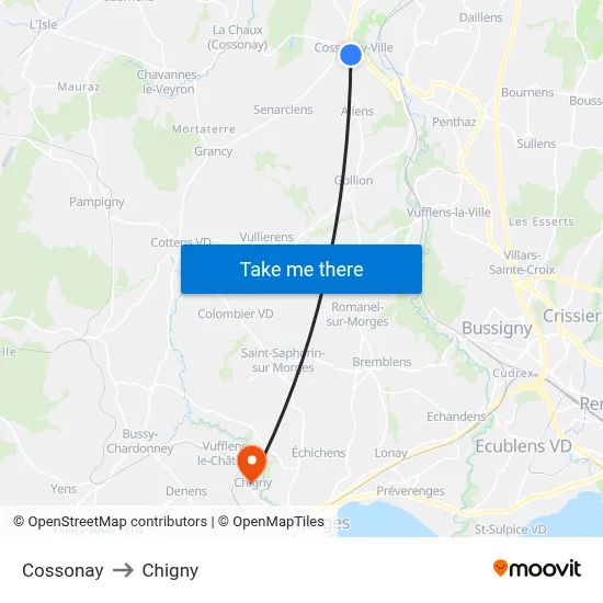 Cossonay to Chigny map