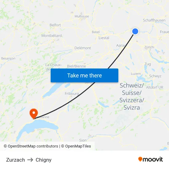Zurzach to Chigny map