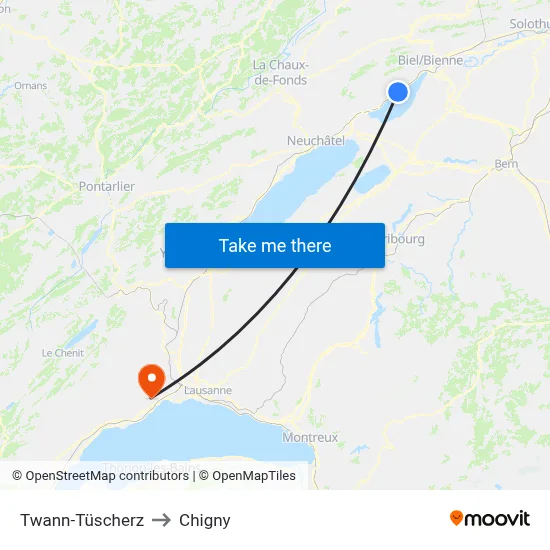Twann-Tüscherz to Chigny map