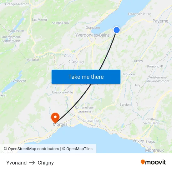 Yvonand to Chigny map