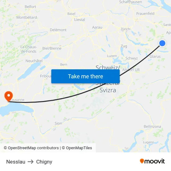 Nesslau to Chigny map