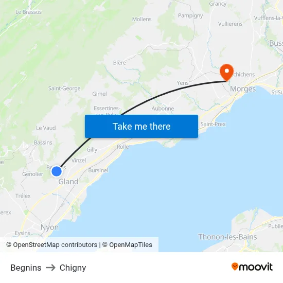 Begnins to Chigny map