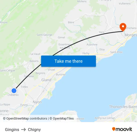 Gingins to Chigny map
