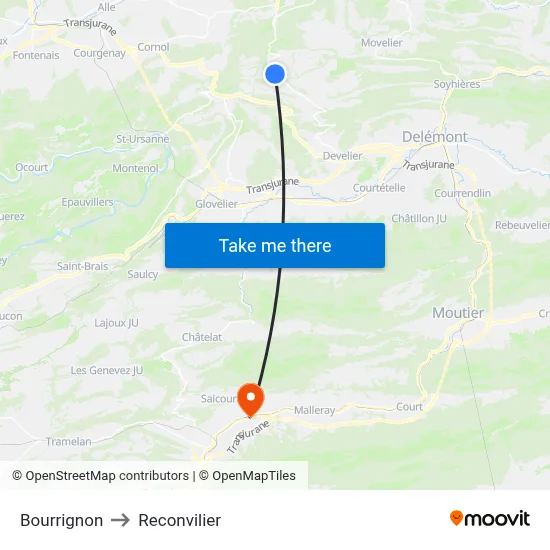 Bourrignon to Reconvilier map