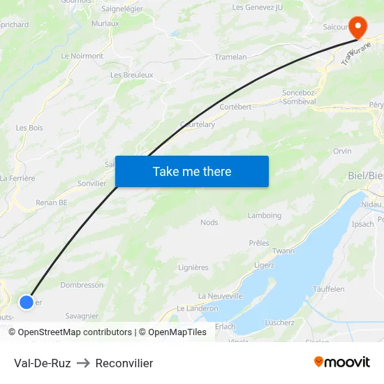Val-De-Ruz to Reconvilier map