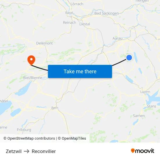 Zetzwil to Reconvilier map