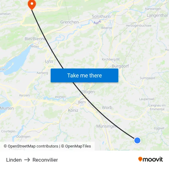 Linden to Reconvilier map