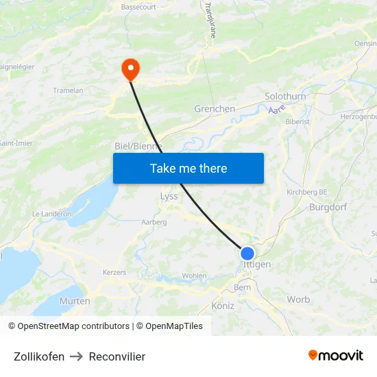 Zollikofen to Reconvilier map