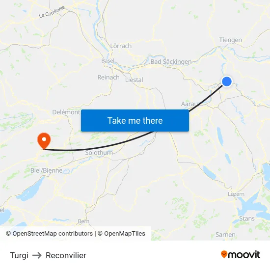 Turgi to Reconvilier map