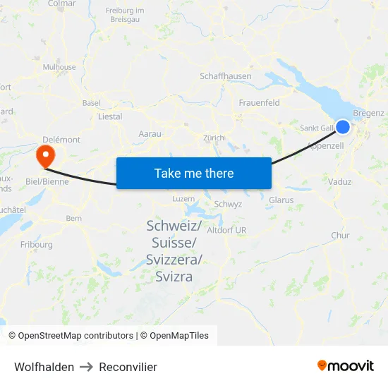 Wolfhalden to Reconvilier map