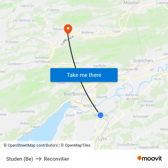 Studen (Be) to Reconvilier map