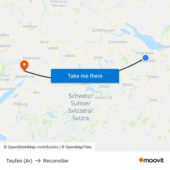 Teufen (Ar) to Reconvilier map