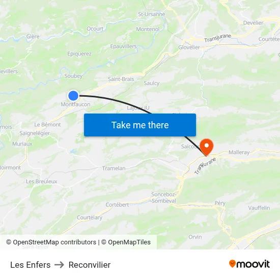Les Enfers to Reconvilier map