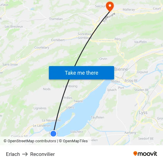 Erlach to Reconvilier map