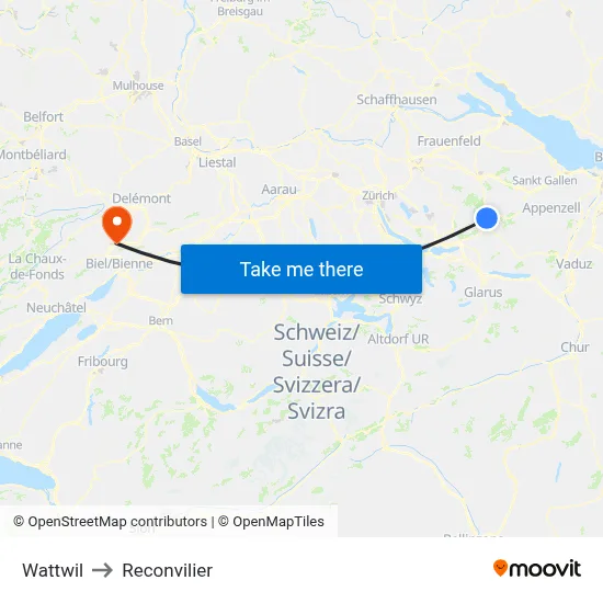 Wattwil to Reconvilier map