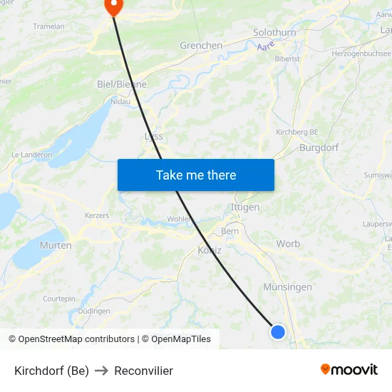 Kirchdorf (Be) to Reconvilier map