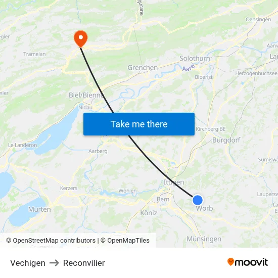 Vechigen to Reconvilier map