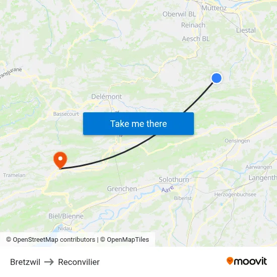 Bretzwil to Reconvilier map