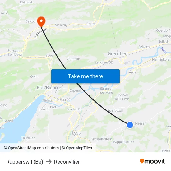 Rapperswil (Be) to Reconvilier map