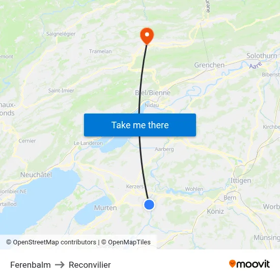 Ferenbalm to Reconvilier map