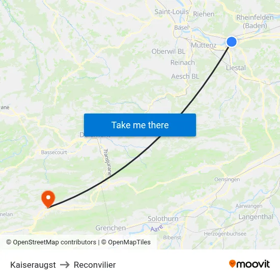 Kaiseraugst to Reconvilier map