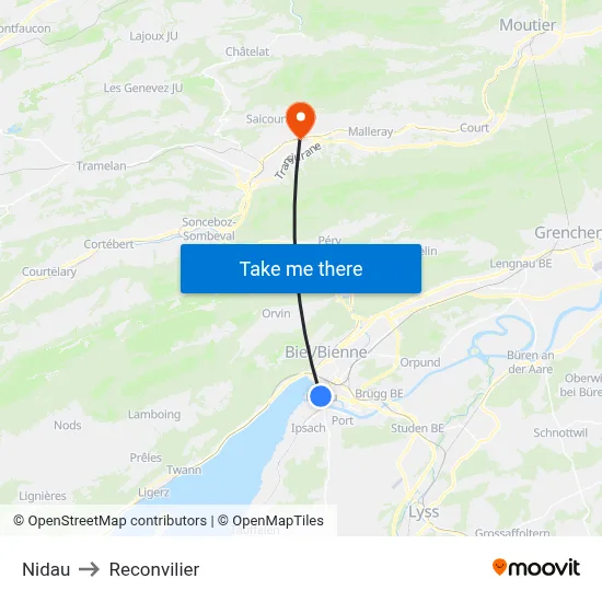 Nidau to Reconvilier map