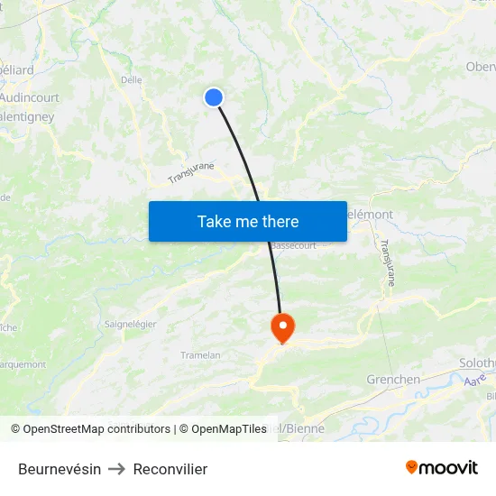 Beurnevésin to Reconvilier map