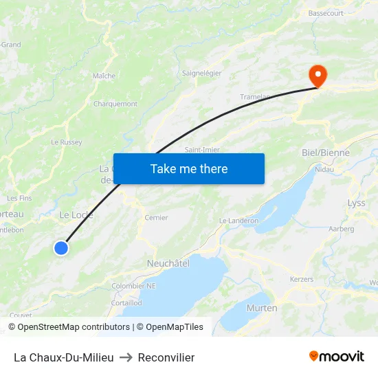 La Chaux-Du-Milieu to Reconvilier map