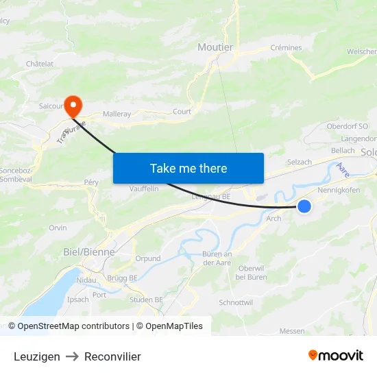 Leuzigen to Reconvilier map