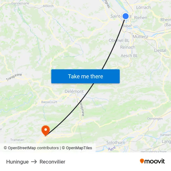 Huningue to Reconvilier map