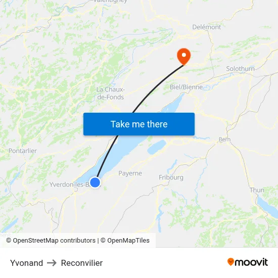 Yvonand to Reconvilier map