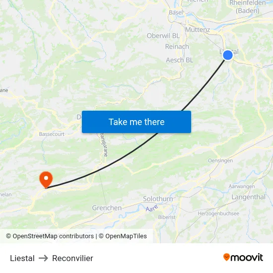 Liestal to Reconvilier map