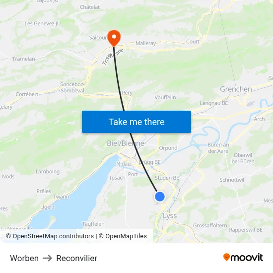 Worben to Reconvilier map