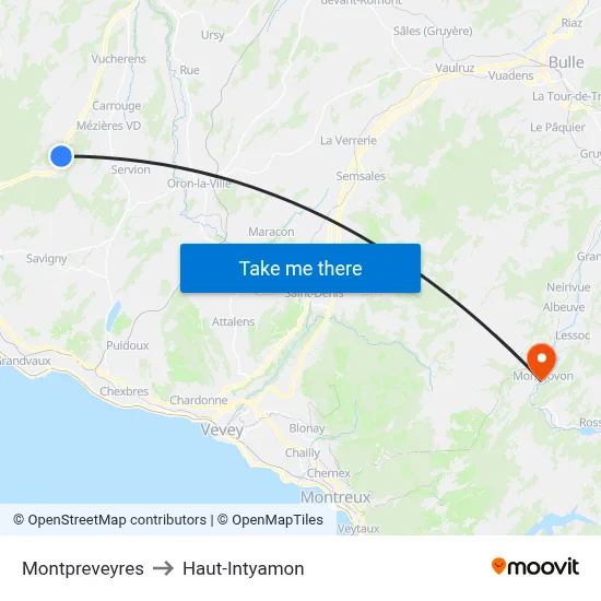 Montpreveyres to Haut-Intyamon map